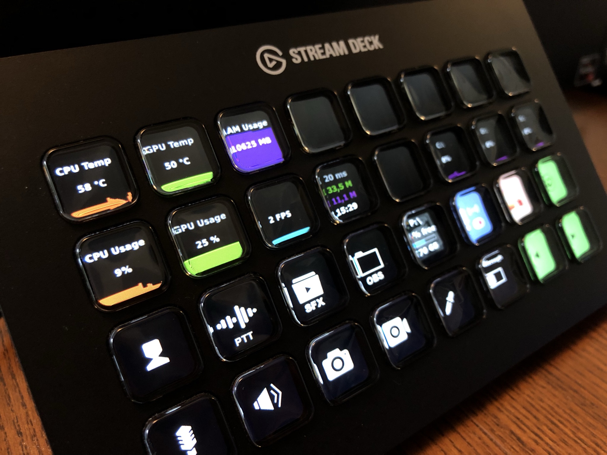 An Elgato Stream Deck XL, featuring a button dedicated to Push-To-Talk.